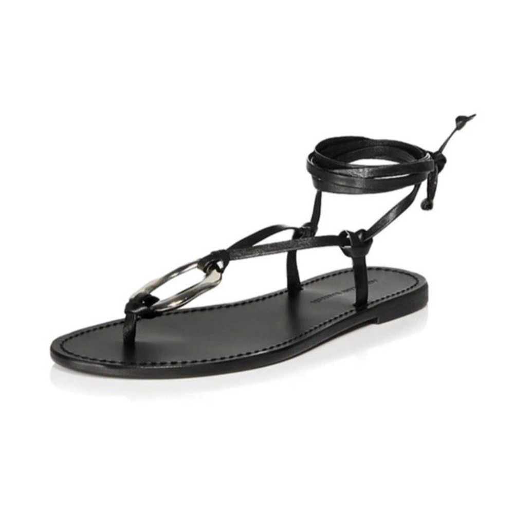 Aqua Black Leather Ankle-Tie Thong Sandals with Silver Accent
